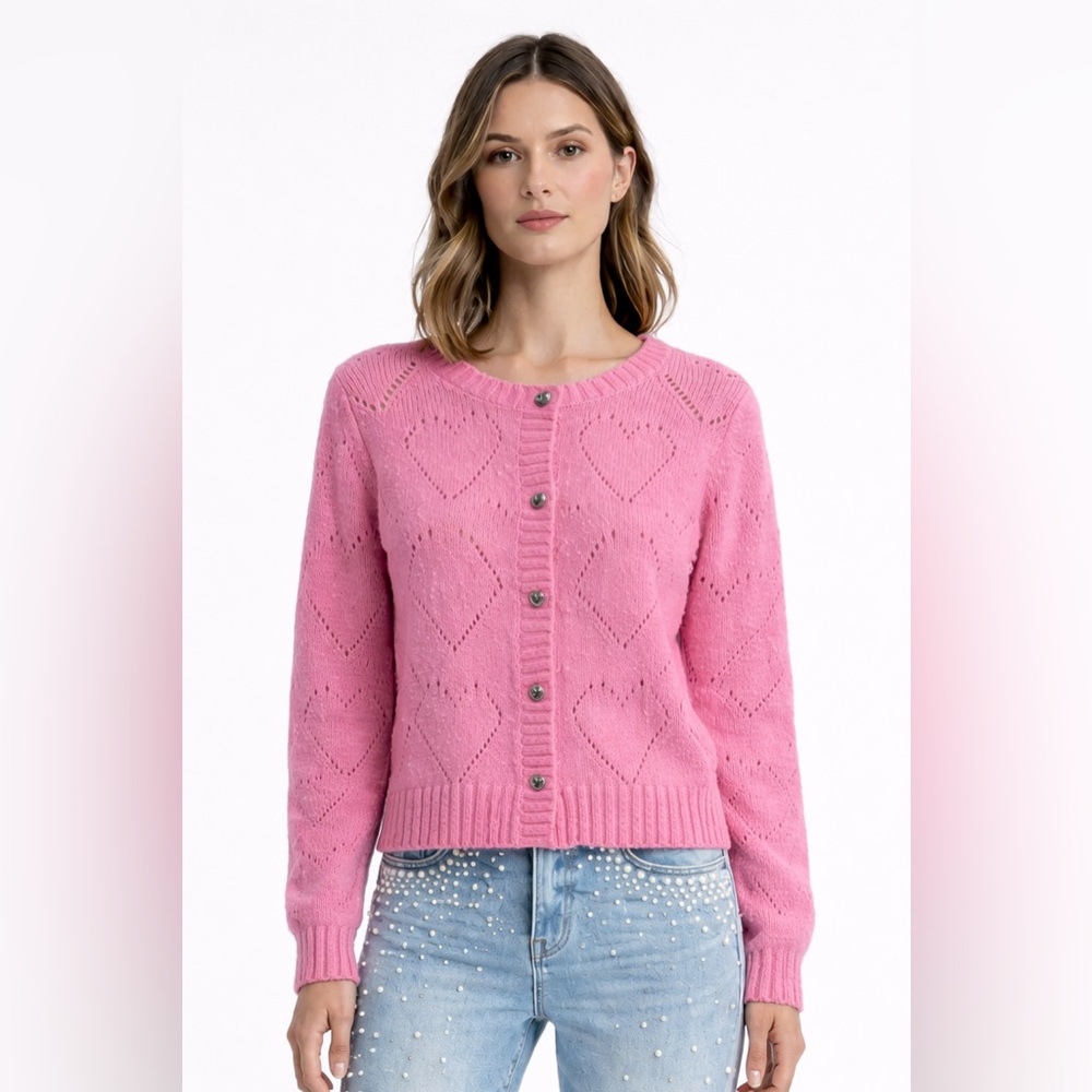 163. Queen of Hearts, heart buttons Open knit sweater, pink, various sizes